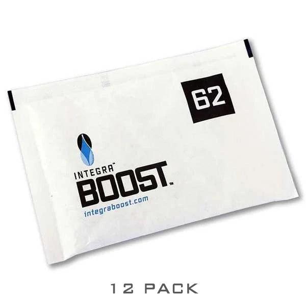 An Integra Boost 2-Way Humidity Control 67 Gram - 62% RH pack by Integra Boost, with integra boost.com shown above 12 pack. These salt-free packs help keep items fresh and include a replacement indicator card.